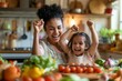 Mother and daughter with raised hands among fresh vegetables in kitchen, joy of cooking together, Concept of family bonding and healthy eating habits