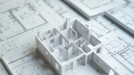 Wall Mural - Precise 3D CAD model of a residential building's interior layout on top of architectural plans