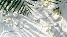 Beautiful Spa Background Featuring White Stones, Lily Flowers, And Sun Shadows On A Transparent, Clean White Water Surface With Palm Leaves.