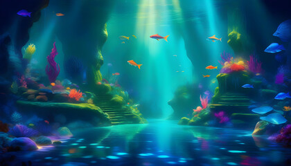 Wall Mural - A fishes in a vibrant underwater grotto, surrounded by marine life and glowing lights.