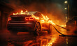 An electric car caught fire while charging at night.