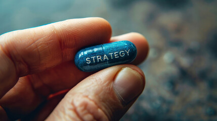 Wall Mural - hand hold a pill with strategy text, business investing strategies concept. ai generative