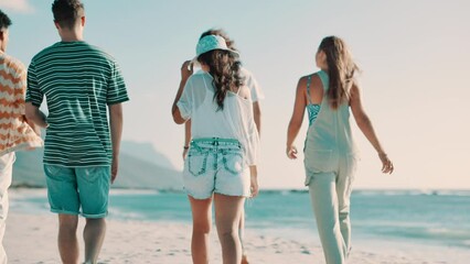 Poster - Friends, rear view or walking on beach for travel with bonding, discussion or wind for vacation or holiday in Cape Town. Women, men or happy with seaside trip in summer with diversity, talking or fun