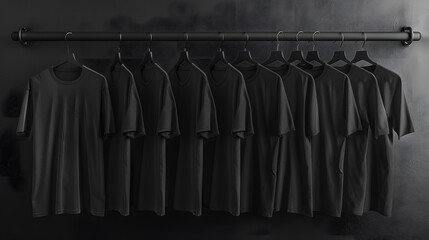 Wall Mural - Row of black tshirts displayed on rack in dimly lit room