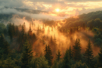 Wall Mural - Sunrise in the forest with heavy fog. Created with Ai