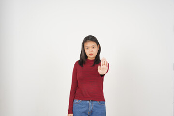 Young Asian woman in Red t-shirt Stop hand gesture, Rejection concept isolated on white background