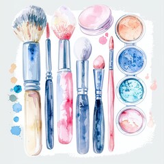 Wall Mural - Watercolor illustration of cosmetics with powder and brushes in a clean, boho color palette, using flat colors