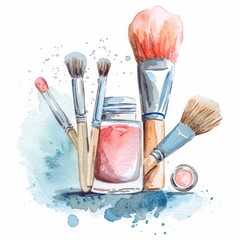 Wall Mural - Watercolor artwork showcasing cosmetics, such as powder and brushes, in a clean, boho color palette, utilizing flat colors.