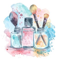 Wall Mural - A watercolor depiction of cosmetics, including powder and brushes, with a clean, boho color scheme, employing flat colors.