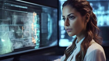 Futuristic software and hardware , coding hologram, serious concentrated attractive woman thinking about data analytics, digital technology. Programmer programming cybersecurity research and IT