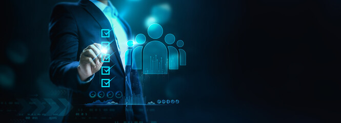 CRM (Customer Relationship Management) for business sales and marketing system concept presented in futuristic graphic interface of service application to support CRM database analysis.