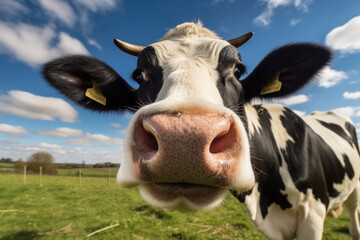 Close-up friendly black and white cow cattle funny face approaching the camera with pink nose in front of rural meadow landscape and cloudy blue sky background