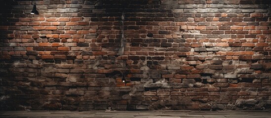 Poster - A dimly lit room with a brown brick wall and wooden flooring, showcasing the beauty of brickwork and wood as building materials