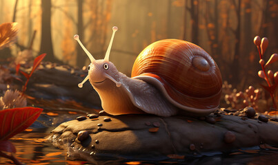 Wall Mural - A cartoon snail hurries through the autumn forest.