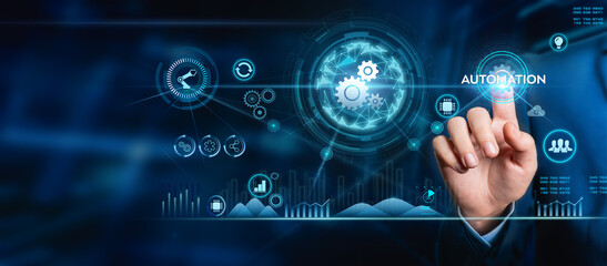 Wall Mural - automation concept, manager engineer touching the automation icon on a machine on modern virtual int