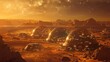Domes of a futuristic human settlement glow under a star-filled sky on a Martian-like landscape.