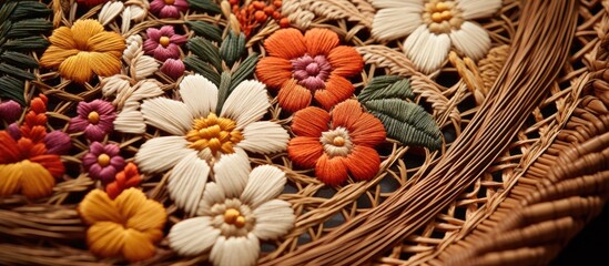 Canvas Print - A closeup shot of a wicker fan adorned with beautiful flowers, showcasing intricate patterns and creative arts with a focus on wood and flowering plants