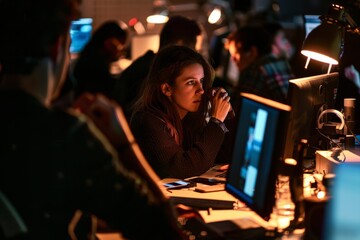 Team of journalists and editors working in a newsroom overnight, covering breaking news stories and meeting tight deadlines, Generative AI