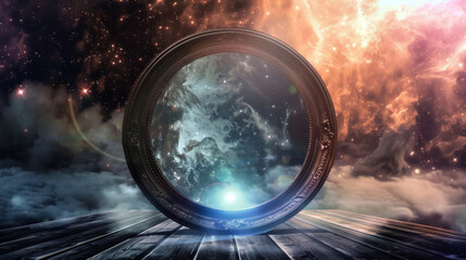 Wall Mural - A large glowing mirror in the shape of a circle floats in the sky above the wooden floor. The circle is surrounded by a hazy, otherworldly atmosphere.