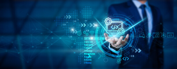 businessmen are icons of software development. analyzing software coding and development at various 