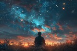 Fototapeta Kosmos - A young man sitting on the grass Look at the sky and the stars