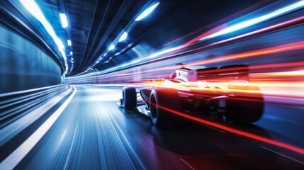 High-speed tunnel. Cars move quickly through an underground tunnel. Long exposure concept, bright illumination from car headlights.