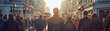Many people in the crowd, back view of men and women walking to work or school on a City's street.