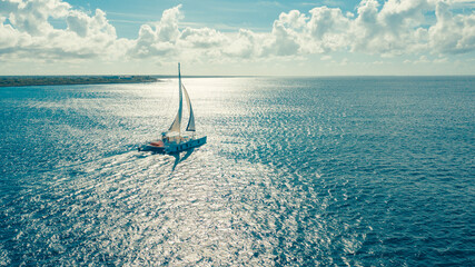 drone shoot of the boats in the caribbean sea in a sunny day