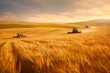 Team of agricultural workers harvesting ripe crops in a vast field, with golden wheat swaying in the breeze and tractors gathering the harvest, Generative AI