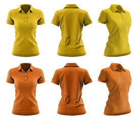  2 Set of woman yellow orange mustard, front, back and side view collar slim fit polo tee shirt on transparent background cutout, PNG file. Mockup template for artwork graphic design