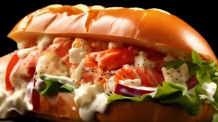 Wall Mural - captures the lobster roll from a unique angle, showcasing the juicy lobster chunks overflowing from the bun, complemented by a light drizzle of savory, creamy mayo.