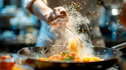 Wall Mural - close up of chef making delicious food in the restaurant kitchen, chef cooking in the kitchen, delicios foods in kitchen