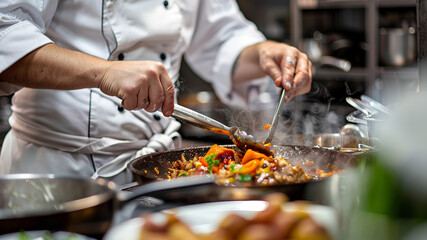 Wall Mural - close up of chef making delicious food in the restaurant kitchen, chef cooking in the kitchen, delicios foods in kitchen