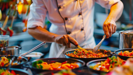 Wall Mural - close up of chef making delicious food in the restaurant kitchen, chef cooking in the kitchen, delicios foods in kitchen