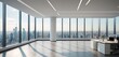 Modern office space located in a towering building, views of the urban landscape. Spacious office, high above city with panoramic windows revealing expansive cityscape.