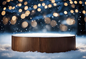 Wall Mural - snow podium lights wood bokeh Oak platform poduim christmas snow dais wooden platform bokeh oak wood display light plank board blue texture natural christmas floor empty winter holiday new year