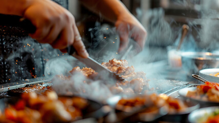 Wall Mural - close up of chef making delicious food in the restaurant kitchen, chef cooking in the kitchen, delicios foods in kitchen