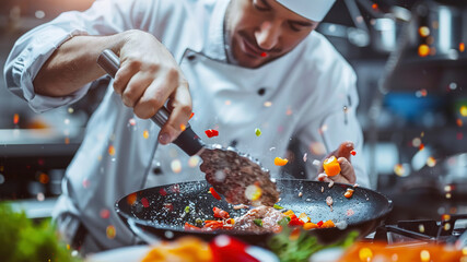 Wall Mural - close up of chef making delicious food in the restaurant kitchen, chef cooking in the kitchen, delicios foods in kitchen