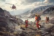 Team of search and rescue workers conducting a mission in rugged mountain terrain, with helicopters hovering overhead and rescue dogs scouring the landscape for lost hikers, Generative AI