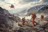 Fototapeta  - Team of search and rescue workers conducting a mission in rugged mountain terrain, with helicopters hovering overhead and rescue dogs scouring the landscape for lost hikers, Generative AI