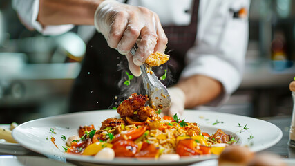 Wall Mural - close up of chef making delicious food in the restaurant kitchen, chef cooking in the kitchen, delicios foods in kitchen