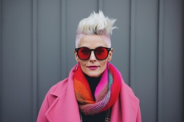 Poster - Fashion portrait of stylish woman in pink coat and colorful scarf.