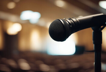 Wall Mural - bokeh Microphone abstract hall seminar speaking background speech light conference blurred computer room poduim audience audio auditorium broadcast broadcasting business class coach coaching