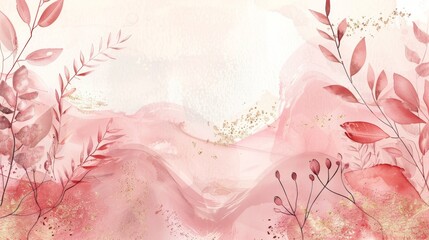 Wall Mural - Decorative art botanical pink background modern. Elegant wallpaper with watercolors, leaves, flowers, trees, and gold glitter. Ideal for text, packaging, prints, and wall decorations.