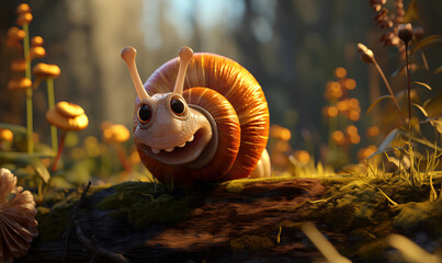 Wall Mural - A cartoon snail hurries through the autumn forest.