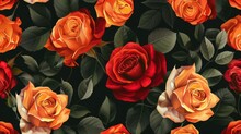 Modern Illustration Of Flowers In The Colors Of Red And Orange. Seamless Floral Pattern With Red And Orange Roses On A Black Background.