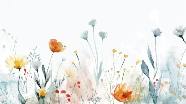 Watercolor floral arrangements in spring and summer with small flowers. Blue and white minimal botanical illustration.