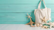 Seashells and starfish on a wooden background, representing the beauty of the beach, sea, and summer vacation