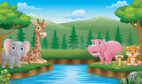 Fototapeta Pokój dzieciecy - Cute wild animals cartoon in the jungle