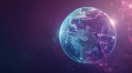 Wall Mural - a partially transparent globe with animated water and energy cycles, with a tech grid overlay, again